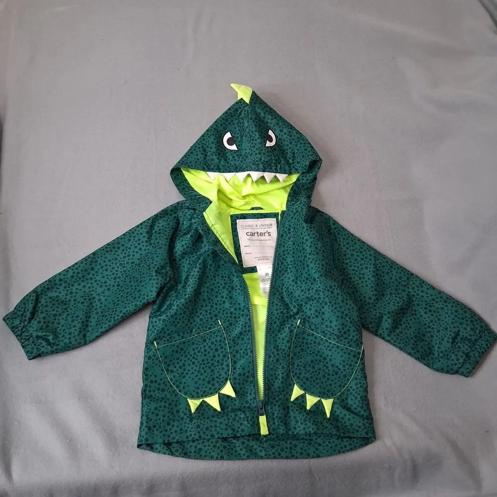 Carters Rain Coat Jacket Size 3t Dinosaur Hooded Full Zip Lined Windbreaker Kids